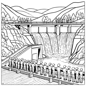 Beeindruckender Staudamm mit sprudelndem Wasser Ausmalbild für kleine Entdecker
