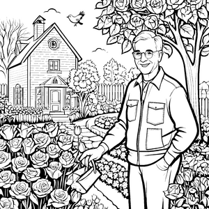Fröhlicher Gartenliebhaber mit bunten Blumen Ausmalvorlage für kreative Naturfreunde