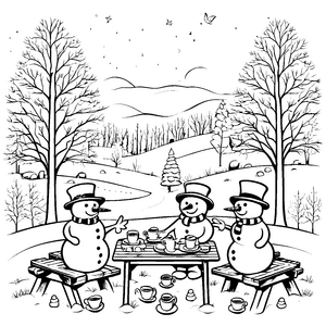 Schneemänner beim gemütlichen Teetrinken Ausmalbild für frostige Freunde
