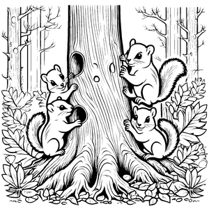 Verspielte Flughörnchen Babys beim Baumklettern Ausmalmotiv für kleine Naturfreunde