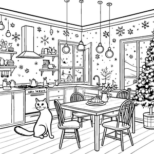 Kuschelige Katzen im festlichen Weihnachtszimmer Ausmalmotiv für kreative Weihnachtsfreunde