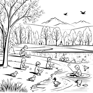 Verzauberte Seelandschaft mit fröhlichen Enten Ausmalmotiv für kleine Abenteurer