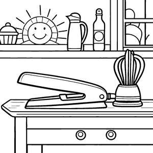 Neues Glätteisen im fröhlichen Küchenambiente Ausmalvorlage für kreative Hairstylisten