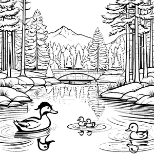 Entspannte Entenfamilie auf dem glitzernden See Ausmalvorlage für neugierige Naturentdecker