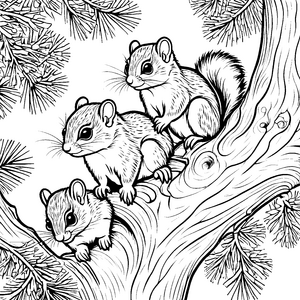 Drei neugierige Flughörnchen-Babys auf dem Baum Ausmalvorlage für kleine Tierentdecker