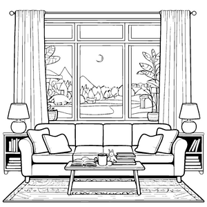 Gemütliches Wohnzimmer mit einem schönen Ausblick Malvorlage für kreative Träumer