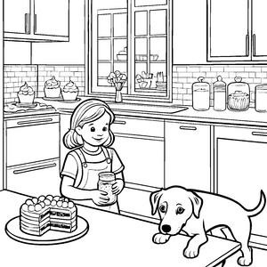 Kreatives Kuchenszenario mit frechem Hund Ausmalbild für kleine Backzauberer