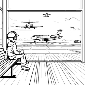 Faszinierender Flughafen mit abgehenden Flugzeugen Ausmalbild für neugierige Entdecker