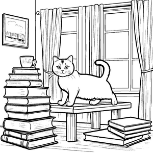 Niedliche Britisch Kurzhaar Katze auf schicker Büchertreppe Malvorlage für aufmerksame Katzenfreunde