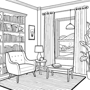 Bequemer Relaxsessel im gemütlichen Wohnzimmer Ausmalbild für entspannte Träumer