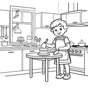 Kreativer Küchenmeister zaubert leckeren Kuchen Malvorlage für kleine Genussentdecker