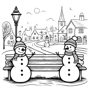 Fröhliche Schneemänner auf der Parkbank Ausmalvorlage für kreative Winterfreunde