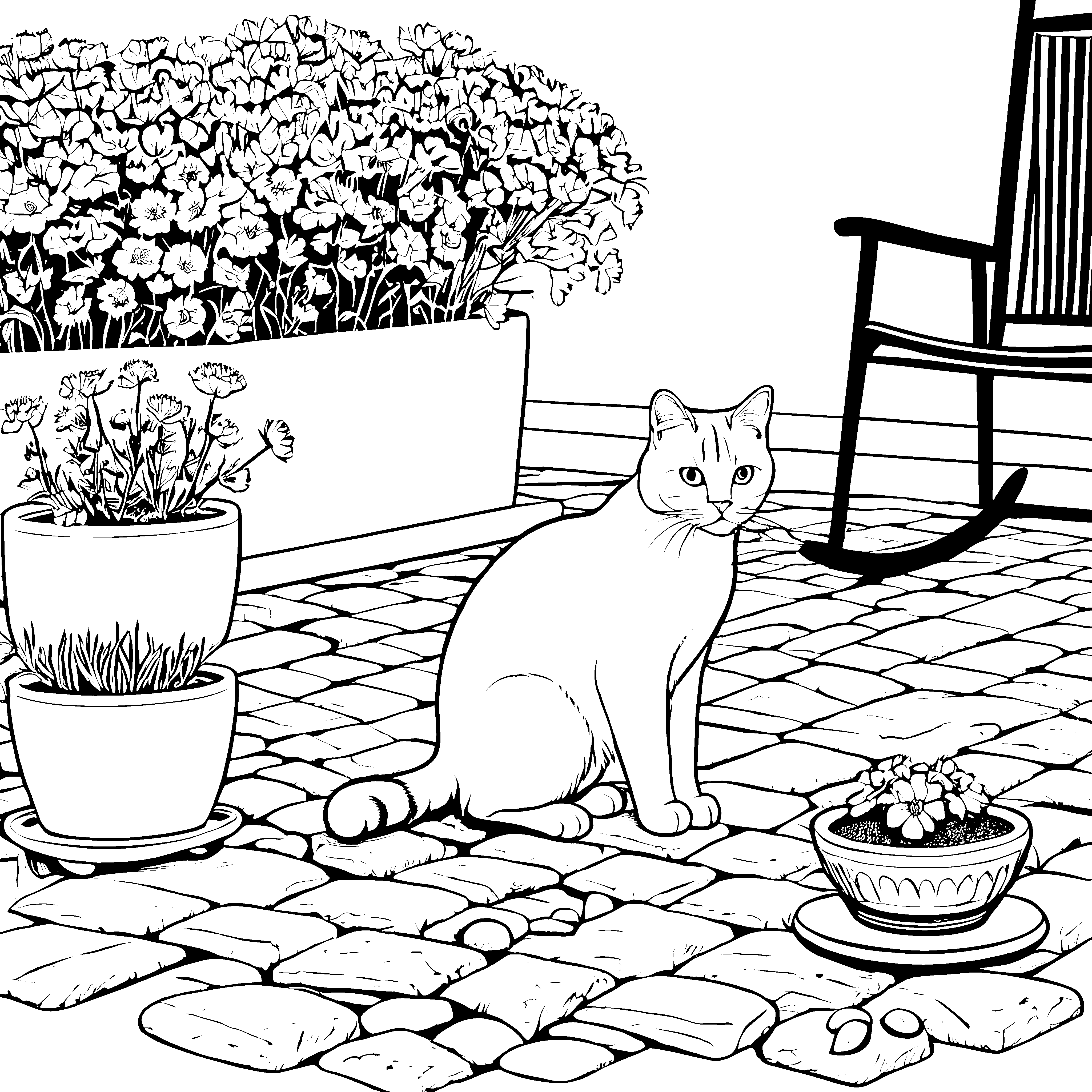Britisch Kurzhaar Katze im blühenden Garten Malvorlage für neugierige Katzenfreunde