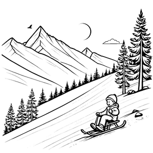 Rasant heruntersausender Schlitten im schneebedeckten Gebirge Ausmalbild für kleine Abenteurer