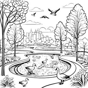 Frohe Gänse am funkelnden Teich Ausmalvorlage für neugierige Naturforscher