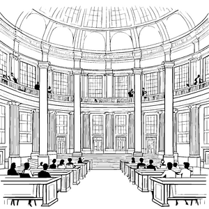 Beeindruckender Vorlesungssaal mit imposanten Säulen Ausmalvorlage für wissbegierige Studierende