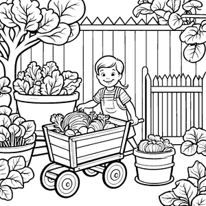 Rotkohlernte mit fröhlichem Kind im Garten Ausmalbild für kleine Gemüsegärtner