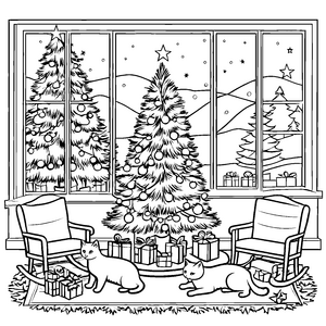 Kätzchen unter dem festlichen Weihnachtsbaum Ausmalbild für fröhliche Tierliebhaber