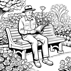Gemütlicher Rentner mit spannendem Buch im Garten Ausmalmotiv für wissbegierige Entdecker