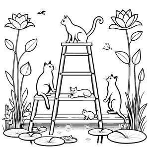 Kletternde Katzen auf der Leiter Ausmalmotiv für neugierige Tierliebhaber