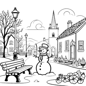 Schneemann mit fröhlichem Lächeln im Winterdorf Malvorlage für kleine Winterfreunde