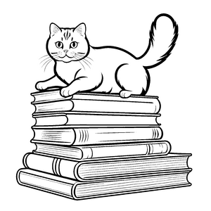 Britisch Kurzhaar Katze auf bunten Büchern Ausmalbild für wissbegierige Katzenfreunde