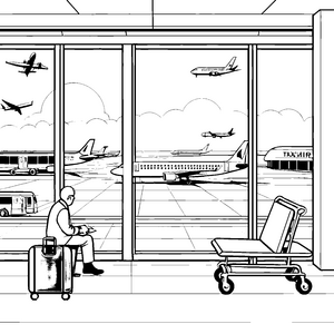 Vielseitige Flugzeuge am geschäftigen Terminal Ausmalbild für neugierige Weltenbummler