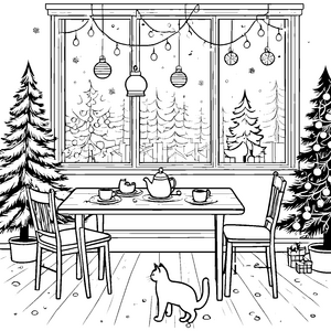 Bezaubernde Katzen im festlich geschmückten Wohnzimmer Ausmalvorlage für kleine Weihnachtsfreunde