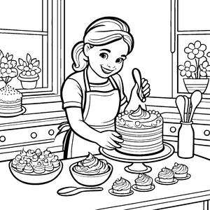 Verzauberte Künstlerin dekoriert leckeren Kuchen Ausmalbild für kleine Meisterbäcker