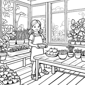 Kohlrabi-Ernte im bunten Gewächshaus Ausmalbild für kleine Gartenfreunde