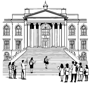 Prächtiges Universitätsgebäude mit neugierigen Studenten Ausmalbild für wissensdurstige Entdecker