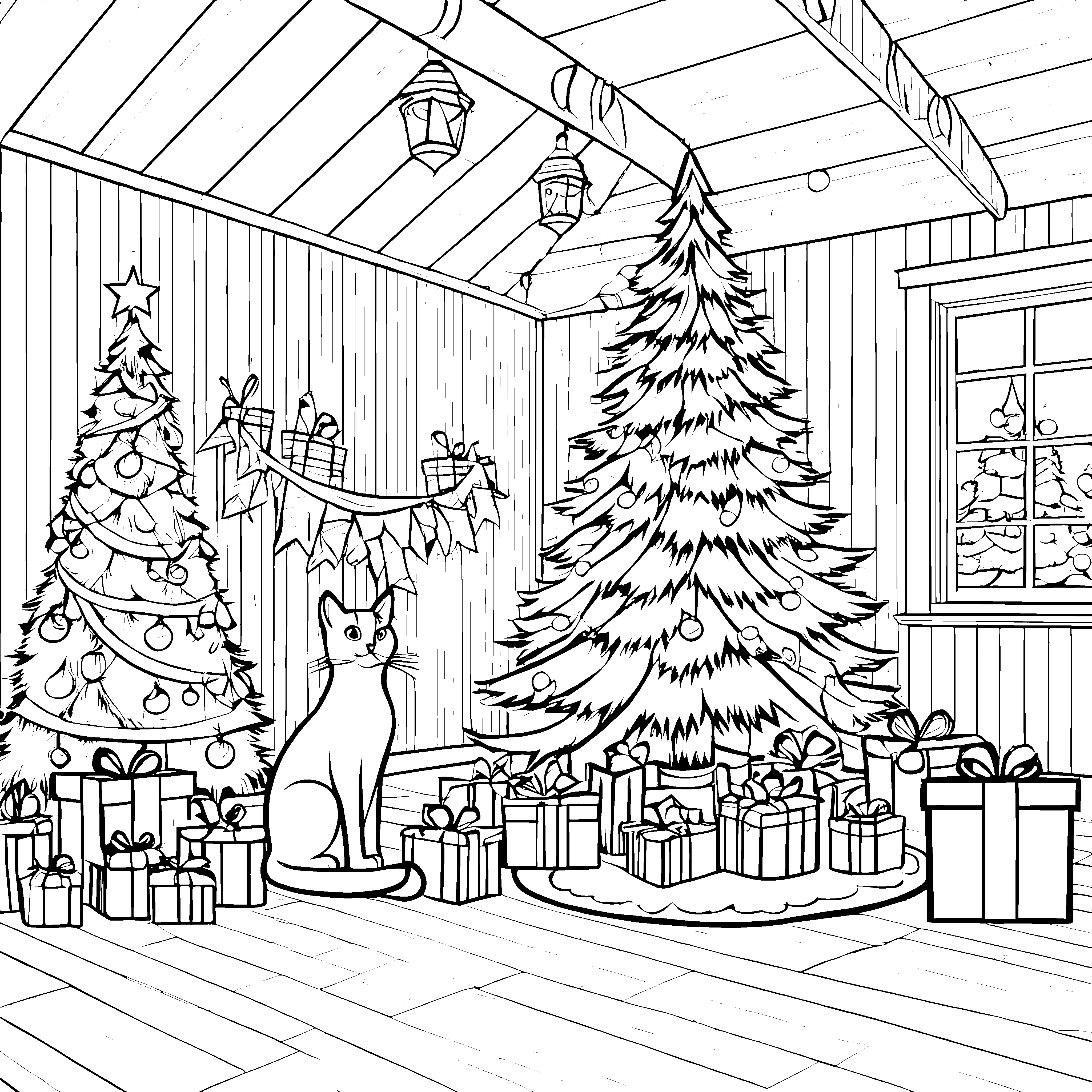Festliche Katzen unter dem strahlenden Weihnachtsbaum Ausmalmotiv für neugierige Entdecker