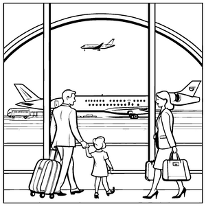 Familie beobachtet bunten Flugverkehr am Flughafen Malvorlage für neugierige Reisefans