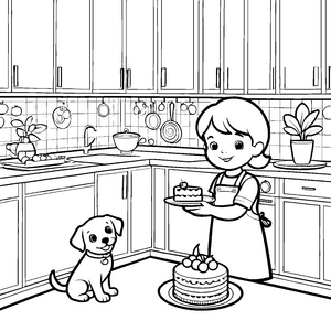 Leckere Kuchenfreunde backen gemeinsam im fröhlichen Zuhause Ausmalbild für kleine Küchenchefs