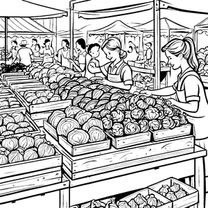 Bunte Rotkohlvielfalt auf dem fröhlichen Wochenmarkt Ausmalmotiv für kleine Entdecker