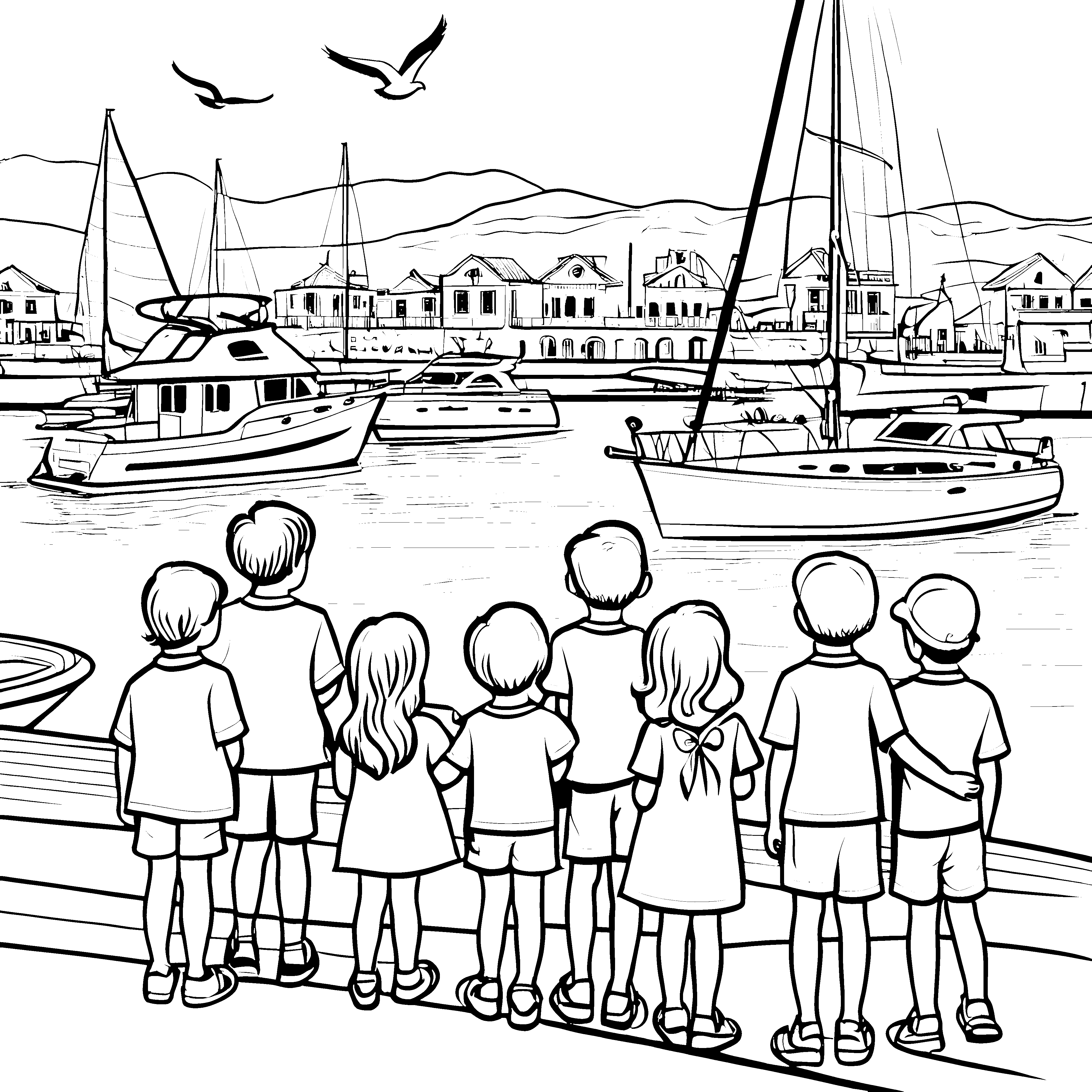 Majestätische Yachten im Hafen voller Abenteuer Ausmalvorlage für kleine Seefahrer