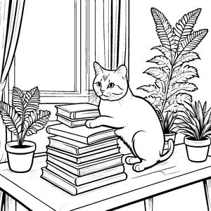 Britisch Kurzhaar Katze auf Bücherstapel Malvorlage für nachdenkliche Katzenfreunde