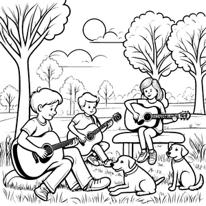 Zwei fröhliche Kinder mit Gitarren im Park Ausmalvorlage für kleine Musikentdecker