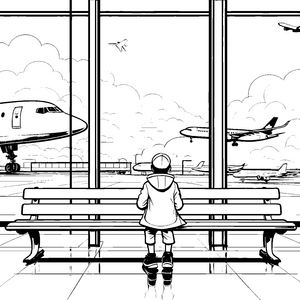 Wunderschöne Flughafen-Szene mit startenden Flugzeugen Ausmalbild für neugierige Reiselustige