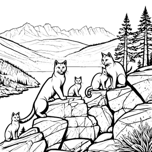 Kletternde Katzen auf spektakulärem Felsen Ausmalvorlage für abenteuerlustige Tierfreunde
