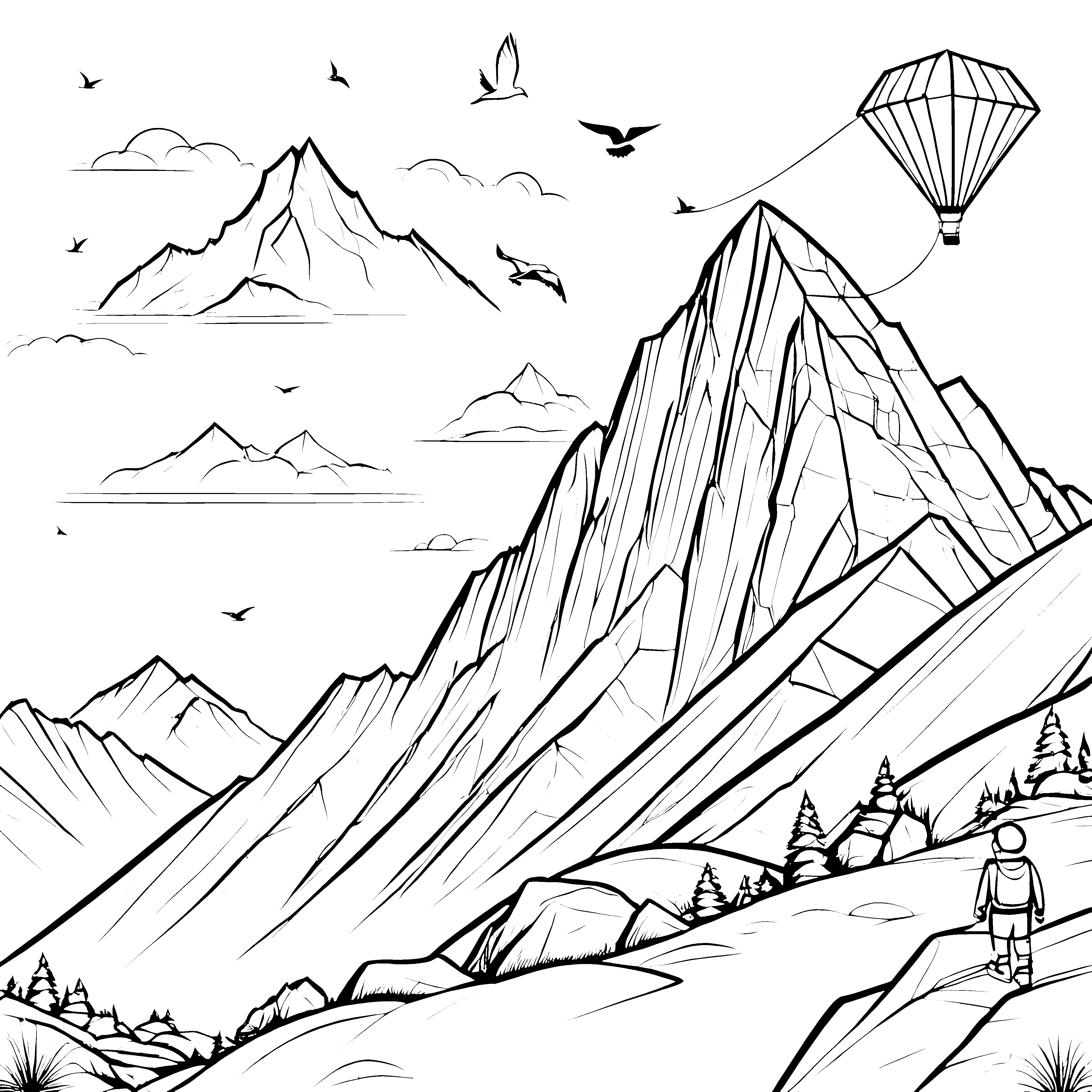 Faszinierende Bergwanderung mit schwebendem Ballon Ausmalvorlage für kleine Abenteurer