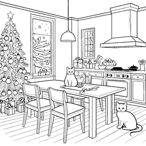 Frohe Weihnachten mit verspielten Katzen im gemütlichen Wohnzimmer Ausmalbild für junge Tierliebhaber