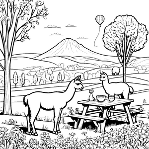 Fröhliche Alpakas beim Picknick in der Natur Ausmalvorlage für kreative Forscher