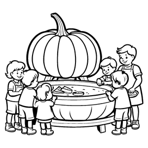 Kreatives Kürbis-Schnitzen im idyllischen Kinderkreis Ausmalmotiv für kleine Freizeitgestalter