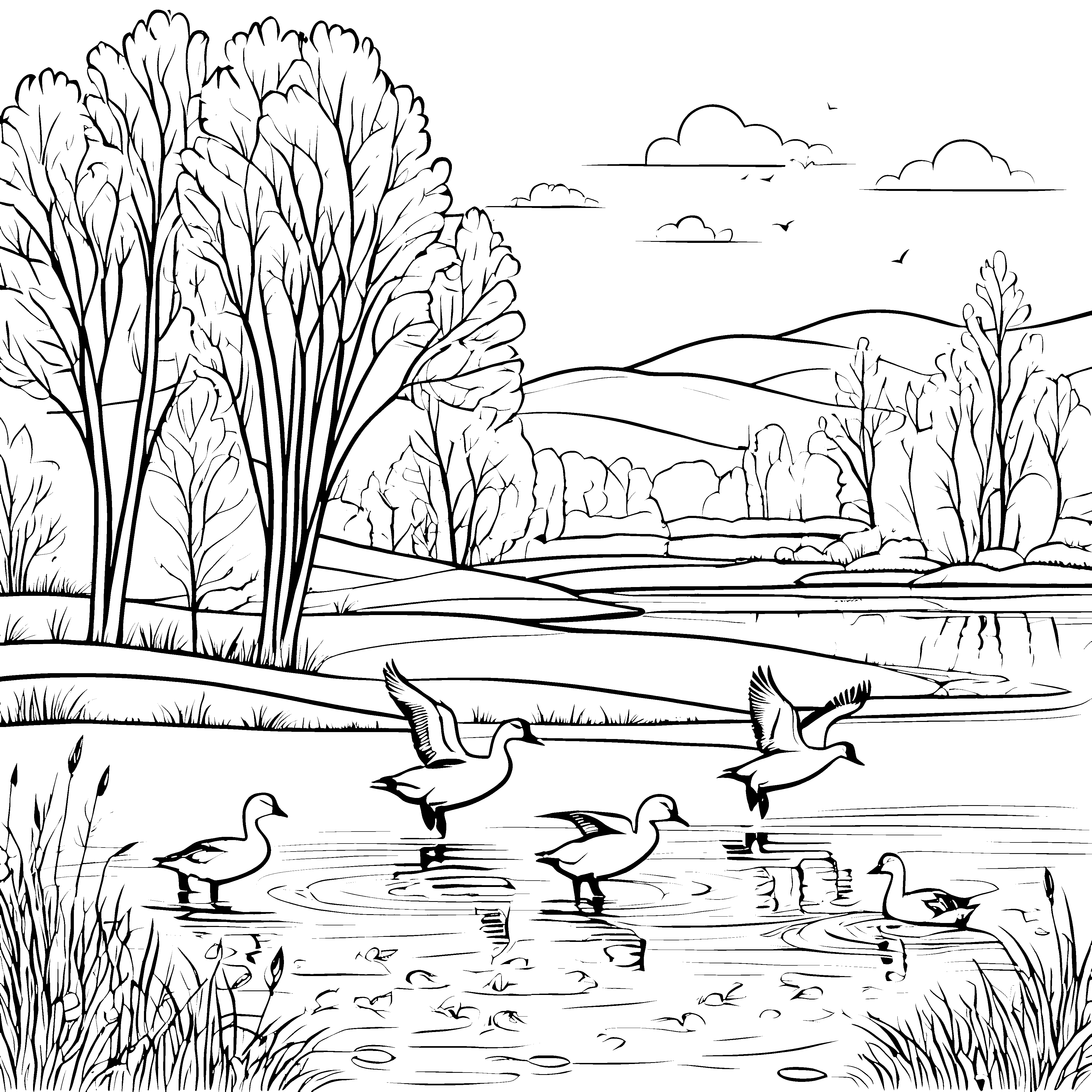 Bezaubernde Gänse beim Planschen im See Malvorlage für tierliebende Entdecker