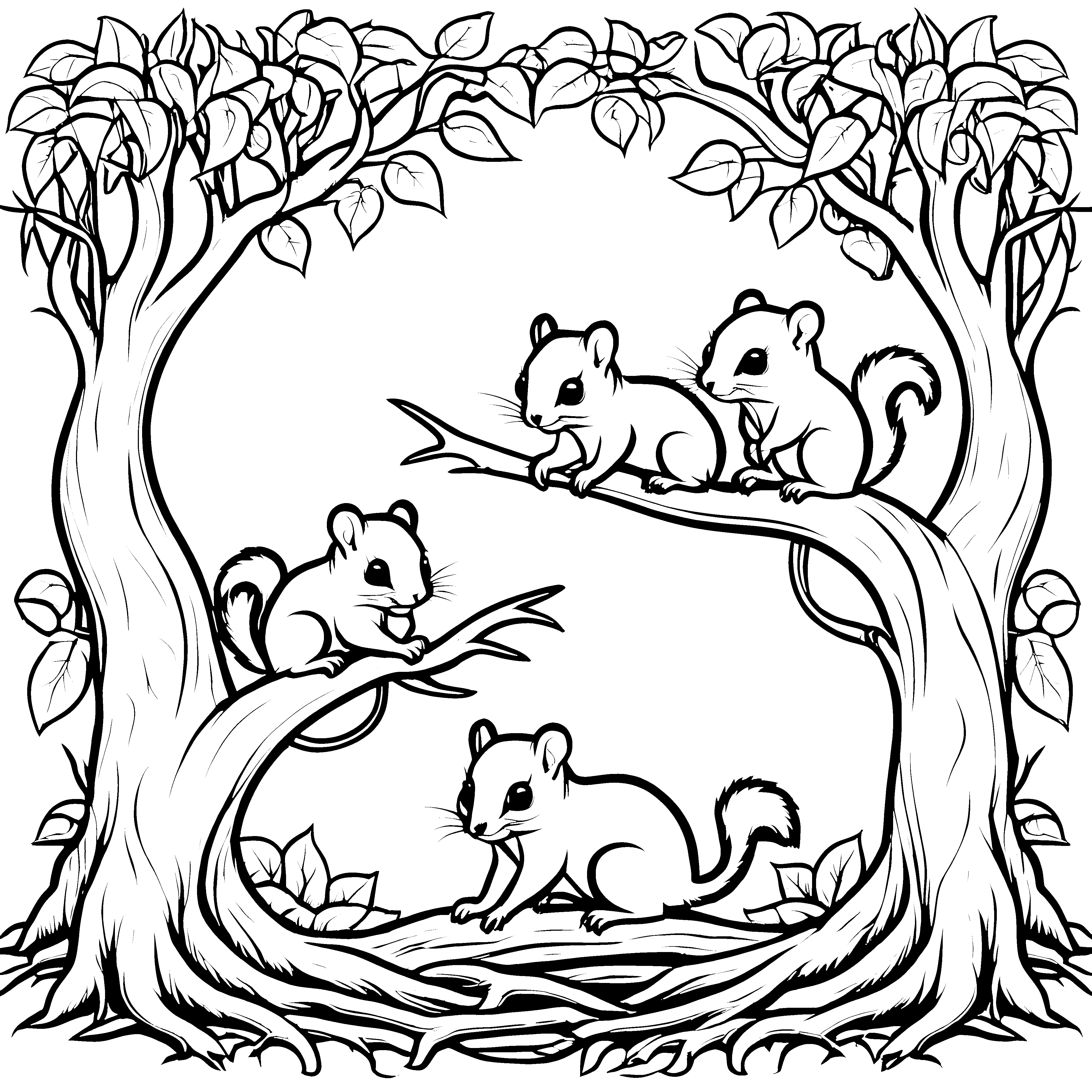 Witzige Flughörnchen-Babys im Baum Ausmalvorlage für abenteuerliche Tierfreunde