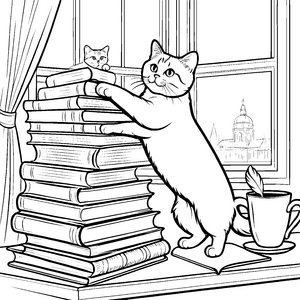 Britisch Kurzhaar Katze erkundet Bücherstapel Ausmalmotiv für neugierige Leseratten