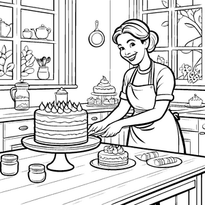 Kreative Bäckerin verziert einen köstlichen Kuchen Malvorlage für junge Genuss-Abenteurer