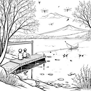Zwei Freunde am idyllischen Seeufer Malvorlage für kleine Abenteurer