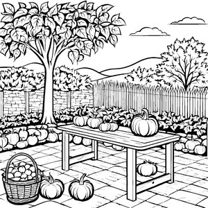 Kürbisernte im zauberhaften Gartenparadies Ausmalmotiv für fantasievolle Entdecker